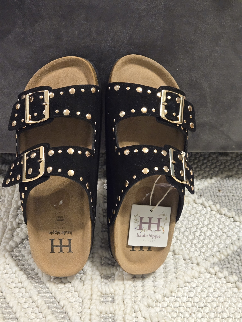 Haute Hippie Black Suede Studded Double-Buckle Slides